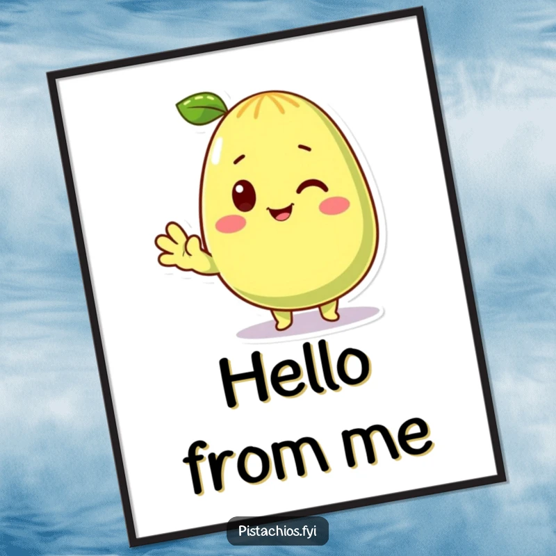 Funny Poster depicting a cheerful pistachio character waving hello. A perfect funny gift for snack enthusiasts to brighten their space.