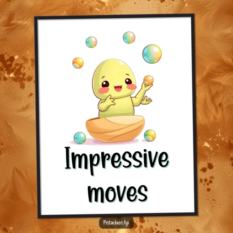 Funny poster art: a pistachio nut skillfully juggling shiny marbles, demonstrating impressive dexterity and focus.