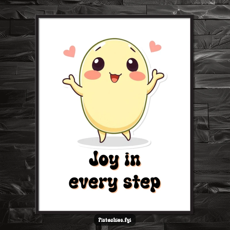 Funny poster artwork featuring a hilarious pistachio character performing a spirited dance. This vibrant piece adds joy and humor to any wall.