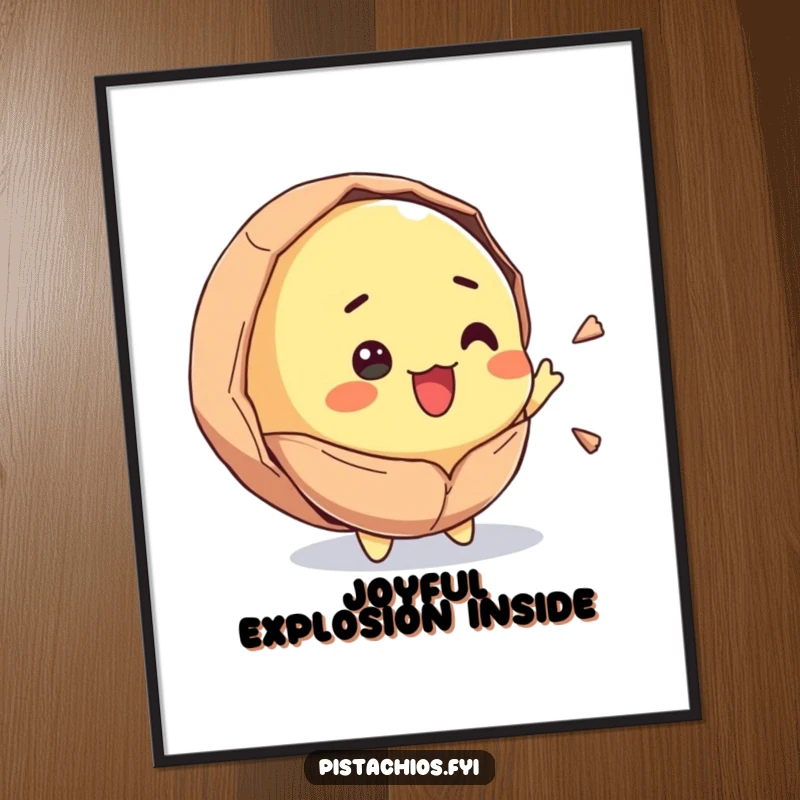 Funny poster art of a pistachio character bursting open with surprise and joy. This humorous artwork brings a delightful and unexpected visual element.