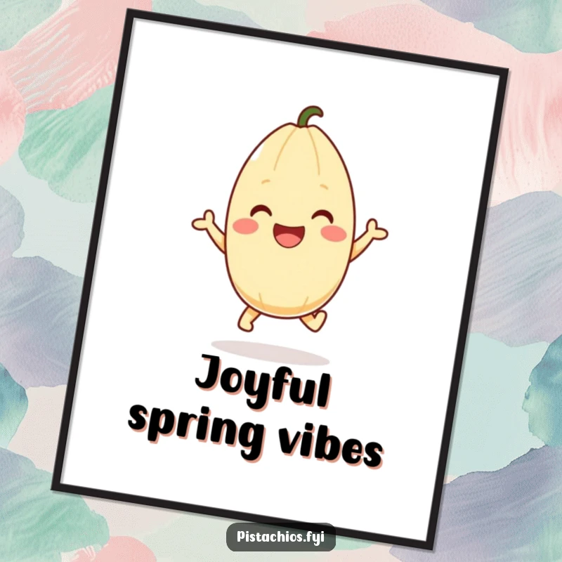 Funny pistachio poster showcasing a happy character in a joyful hopping pose, adding whimsical cheer to any decor. Excellent funny gift.