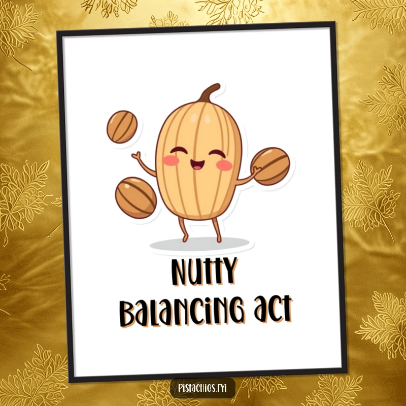 Funny Poster: Winking walnut character in the act of juggling three nuts, conveying skill and nutty amusement for captivating wall art.