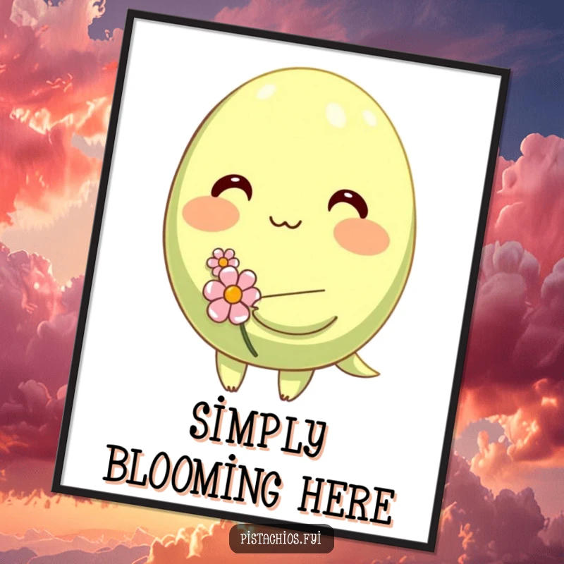 Funny poster illustration of a shy pistachio character blushing and holding a tiny flower, adding a touch of sweet, bashful charm.