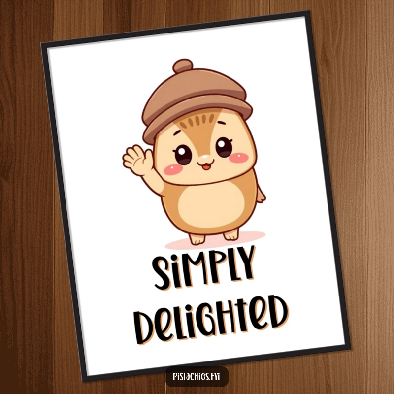 Funny Poster of a cheerful hazelnut character wearing a tiny hat and waving, radiating happiness and a friendly, welcoming vibe.