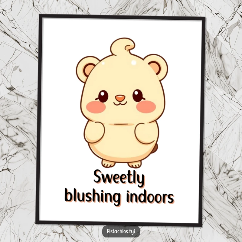 Funny poster artwork of a blushing macadamia nut character with a shy smile, conveying gentle charm and sweetness.