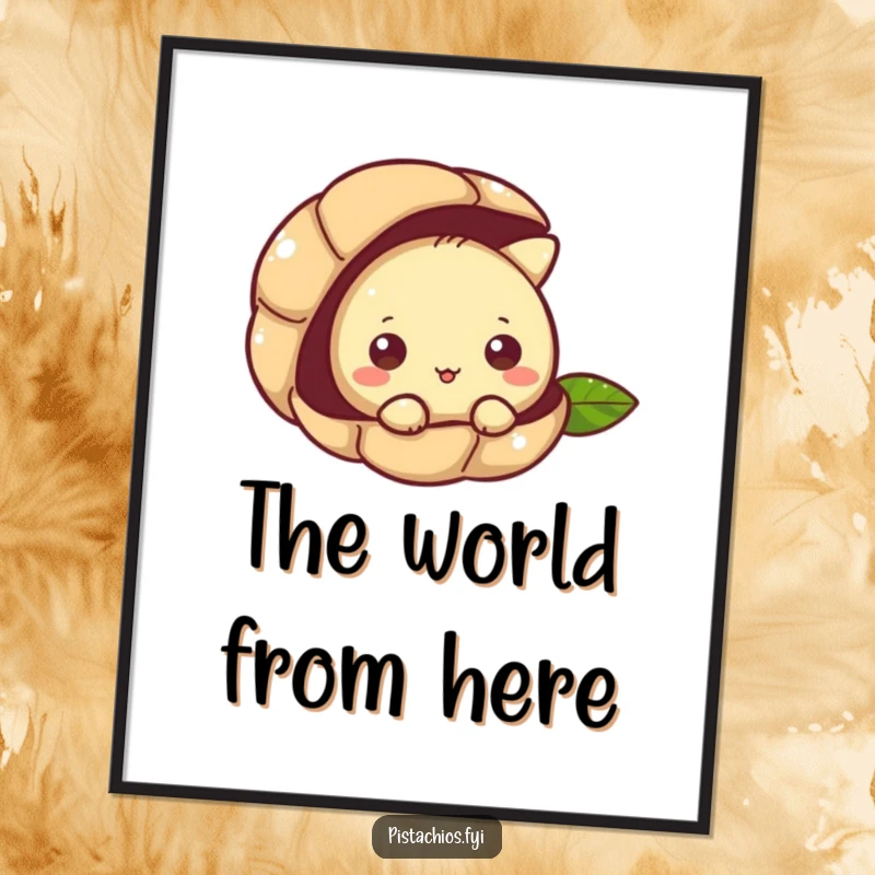 Funny poster capturing a pistachio character curiously peeking from its shell, adding nutty intrigue to decor.