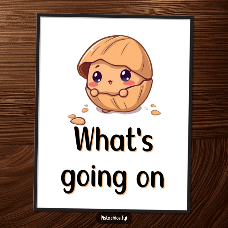 Funny Poster of a curious pecan character peeking out from its cracked shell, inviting wonder and a moment of delightful observation.