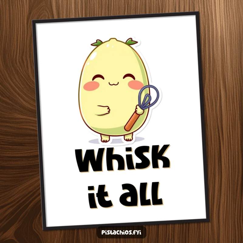 Funny, cheerful pistachio character with rosy cheeks holding a small whisk, displayed as a vibrant art print for wall decor.
