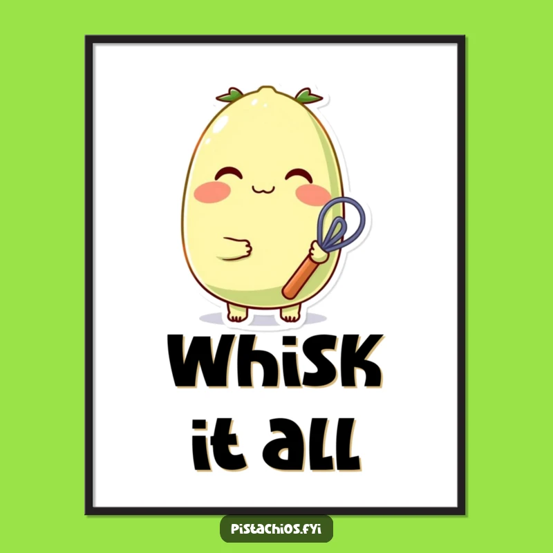 Funny Pistachio Art Print: Cheerful Rosy-Cheeked Character with Whisk - Whimsical Funny Gift Decor!