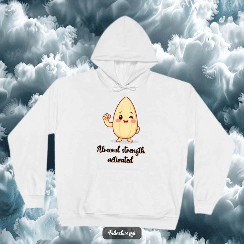 Funny happy almond character flexing a tiny bicep on a hoodie, offering cozy, humorous comfort and strong vibes.
