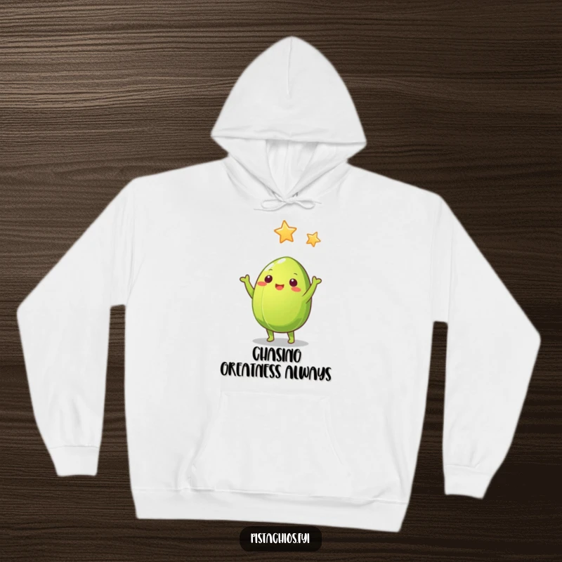 Funny Pistachio Nut Hoodie: Soft green pistachio nut design with arms reaching for a star, perfect for cozy, funny moments.