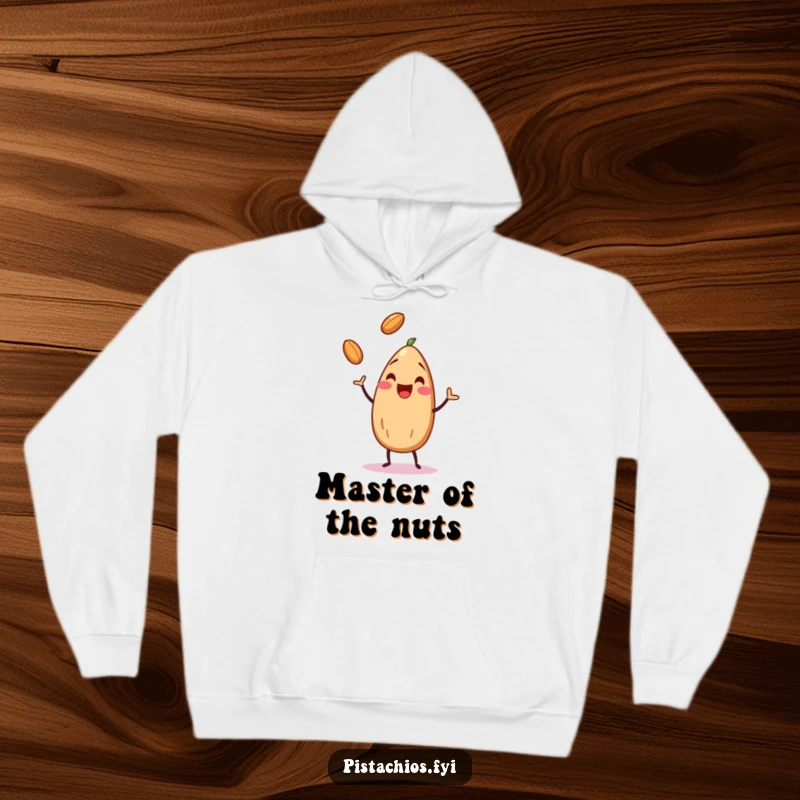 Funny almond character juggling nuts on a smooth surface, featured on a warm, comfortable hoodie.