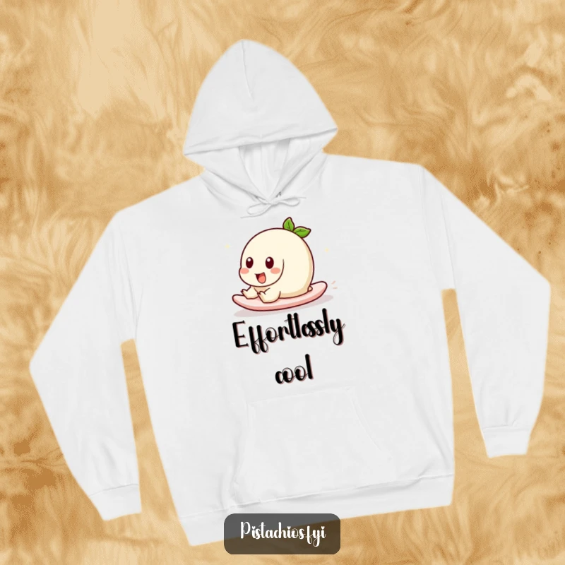 Funny hoodie depicting a pistachio character playfully sliding with ease. This comfortable apparel offers warmth with a touch of carefree fun.