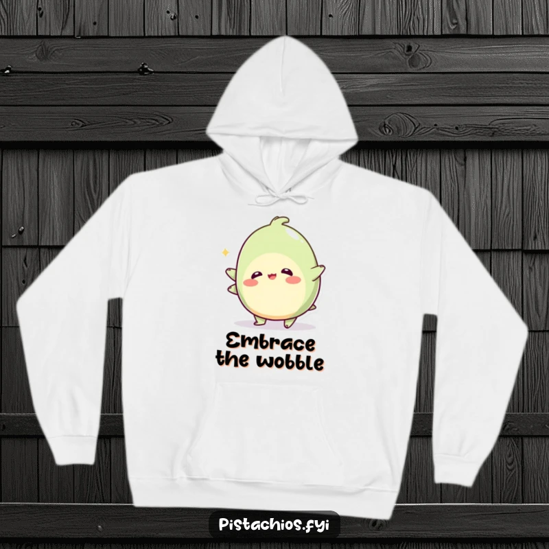 Funny hoodie depicting a wobbly pistachio character in a playful wobble, perfect for cozy comfort and lighthearted, whimsical fun.