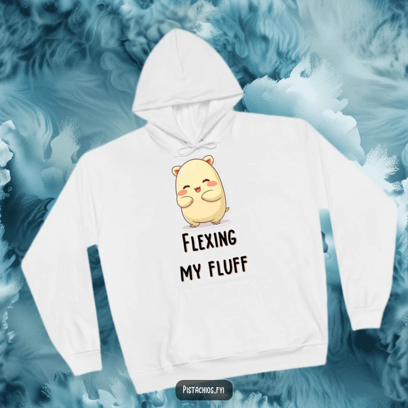Funny hoodie depicting a chubby pistachio character doing a silly stretch, perfect for cozy comfort and lighthearted humor.