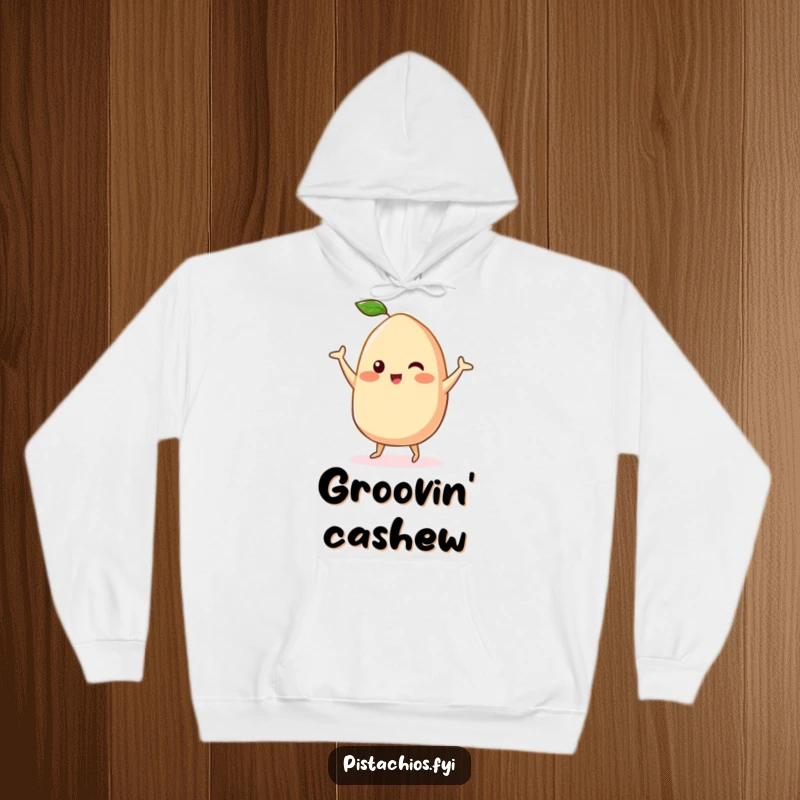 Funny Kawaii Cashew Hoodie: A soft hoodie showcasing a kawaii cashew character in a delightful happy dance, offering comfort and cuteness.