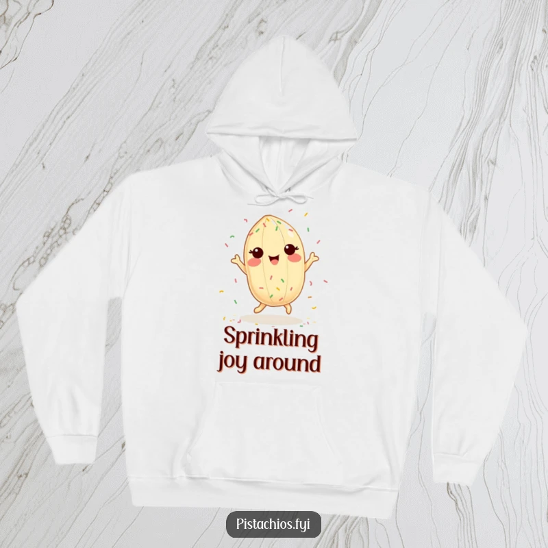 Funny hoodie design: a delighted pistachio character joyfully dancing with tiny, colorful sprinkles, radiating pure happiness.