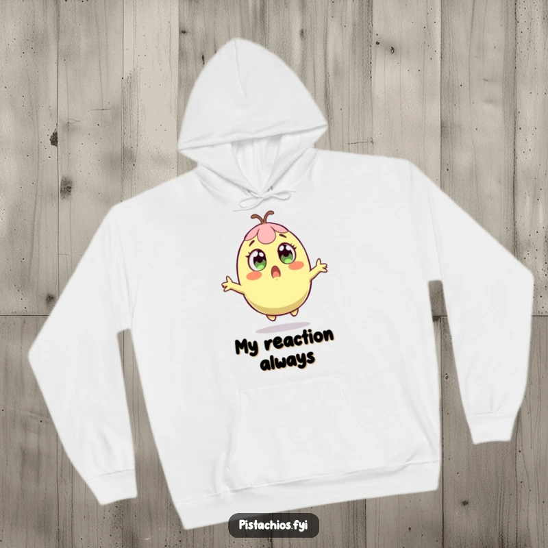 Funny hoodie featuring a surprised pistachio character leaping, perfect for expressing shock and staying warm.