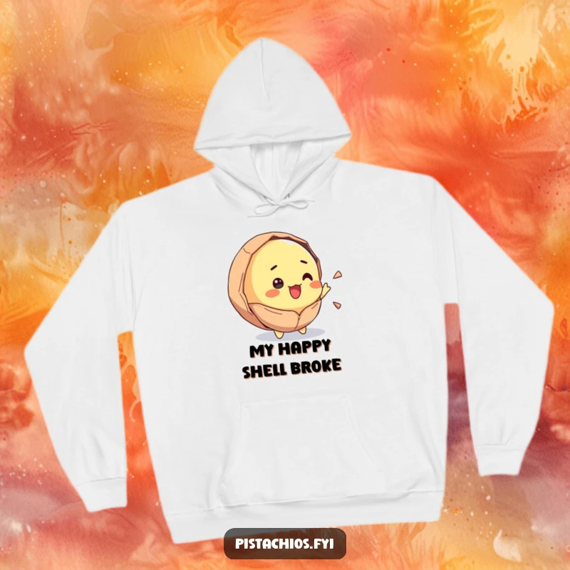 Funny hoodie featuring a pistachio character cracking open with immense surprise and joy. This comfortable apparel offers a humorous and warm embrace.