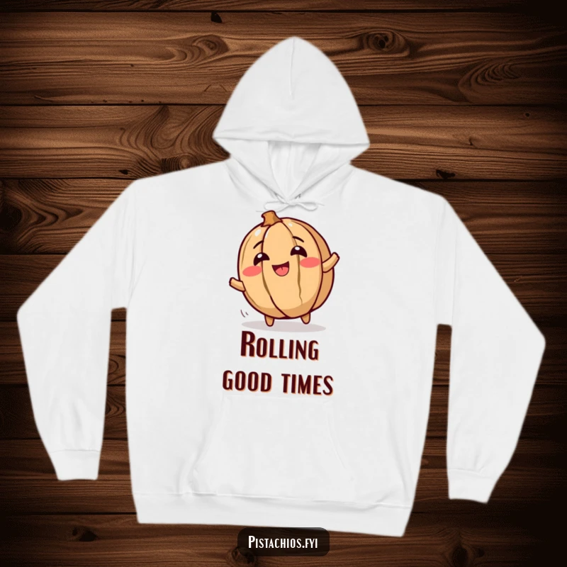 Funny, warm hoodie featuring a giggling walnut character rolling with glee, perfect for staying snug and spreading nutty amusement.