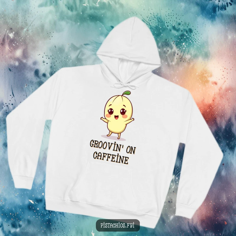 Funny hoodie design of a cheerful pistachio character with wide, ecstatic eyes, doing a silly little dance.