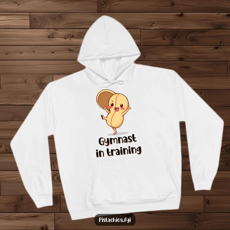 Funny Hoodie featuring a playful peanut character doing a cartwheel with its shell open, embodying energy and a free-spirited attitude.