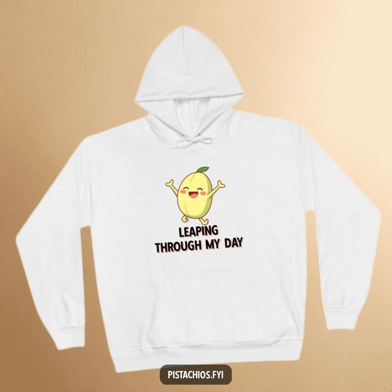 Funny hoodie featuring a joyful pistachio character in a spirited leap, offering warmth and a hearty laugh.