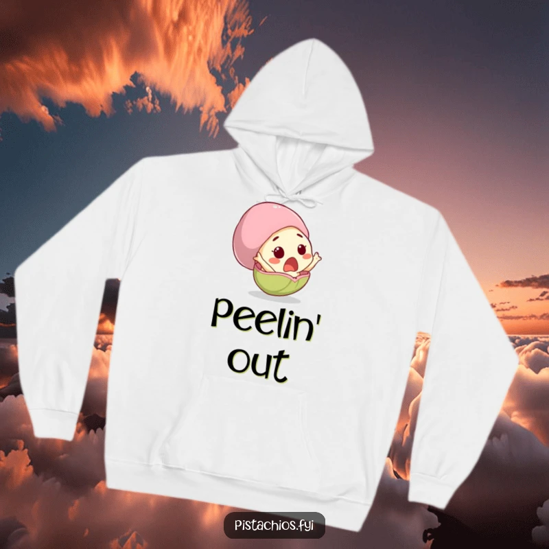 Funny hoodie showcasing a surprised pistachio character comically jumping out of its shell, designed for cozy and humorous wear.