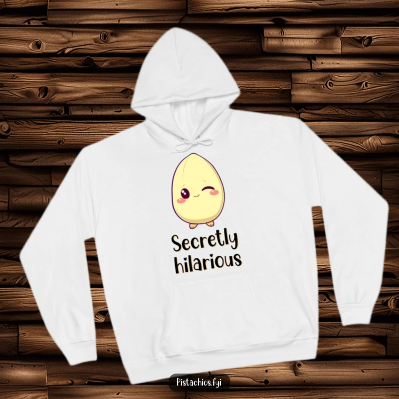 Funny hoodie depicting a pistachio character winking with a sly grin. This comfortable apparel offers warmth with a touch of mischievous fun.