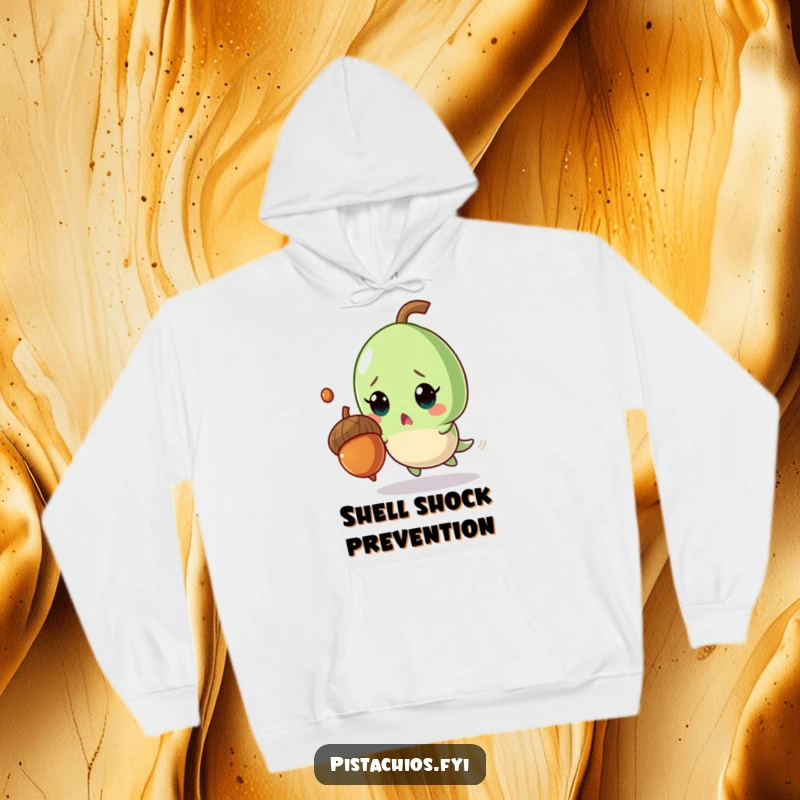 Funny hoodie design: a shocked pistachio character barely avoiding a plummeting acorn, capturing a moment of pure, comical terror.