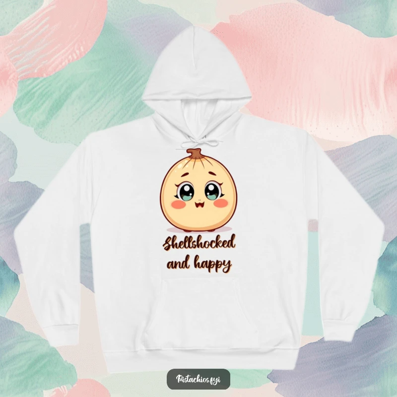 Funny Hoodie featuring a surprised nut character with wide, happy eyes and a blush, designed for cozy, humorous comfort.