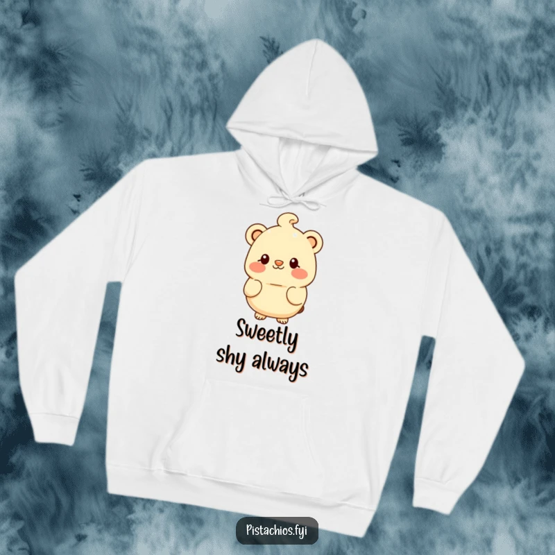 Funny hoodie graphic of a blushing macadamia nut character with a shy smile, perfect for cozy, sweet vibes.