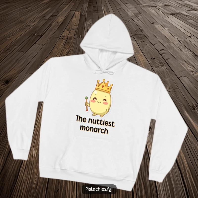Funny pistachio wearing a crown and scepter on a warm, comfortable hoodie, fit for a nutty monarch.