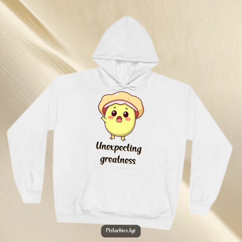 Funny hoodie design of a surprised pistachio character bursting open with pure, unadulterated delight and happiness.