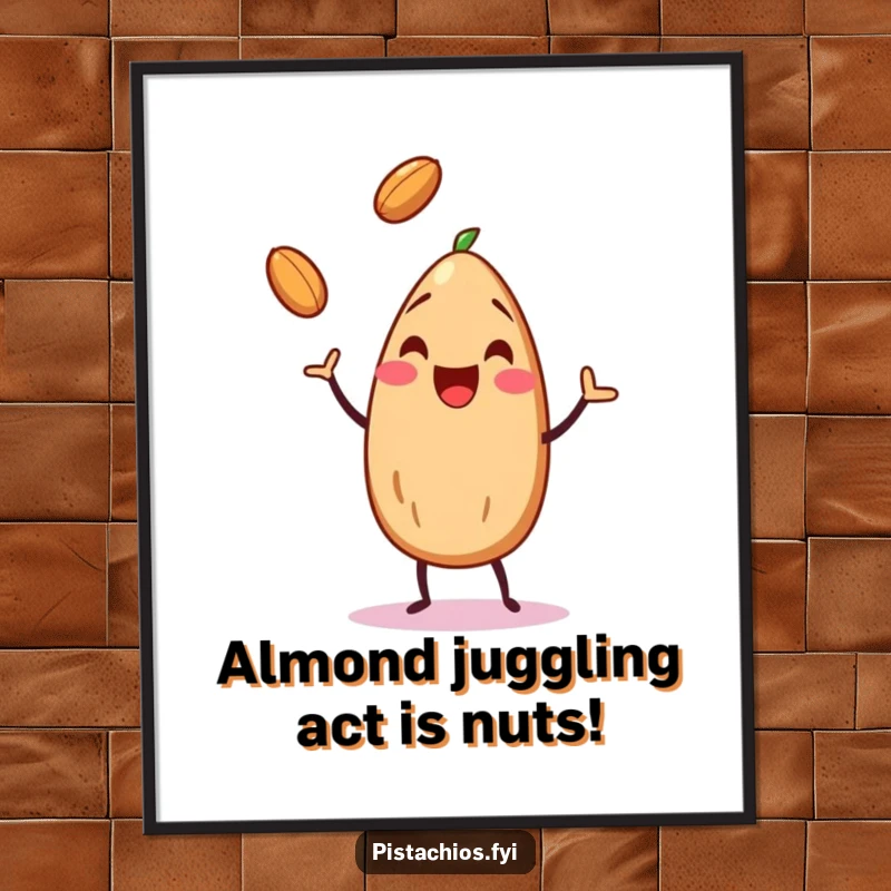 Funny Free Printable Wall Art: A cheerful almond character skillfully juggles three tiny nuts, radiating pure joy.