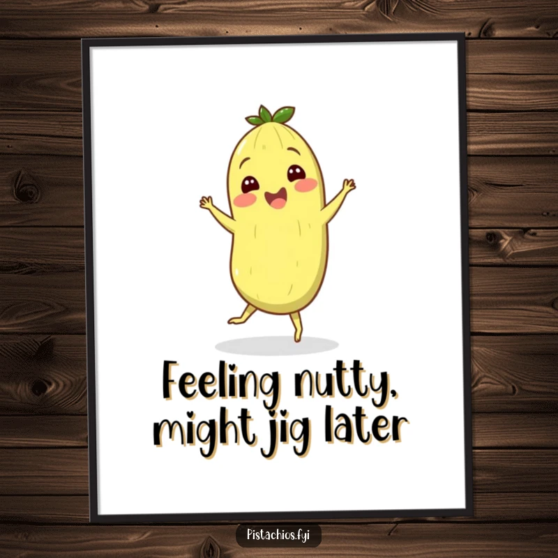 Funny free printable wall art of a cheerful pistachio character performing an energetic and joyful silly jig.