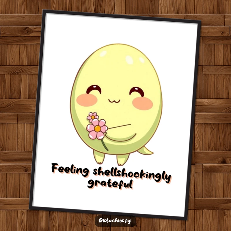 Funny Free Printable Wall Art: Shy pistachio blushing brightly while holding a tiny flower, adding whimsical charm to any room.