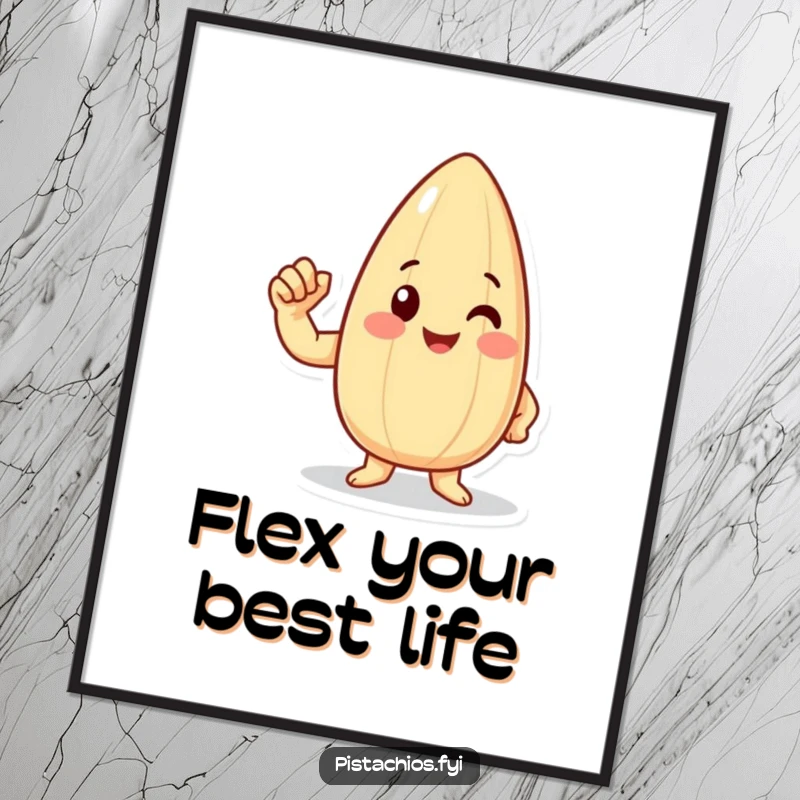 Funny Free Printable Wall Art: Happy almond character flexing tiny bicep, strong and motivational design, downloadable art.