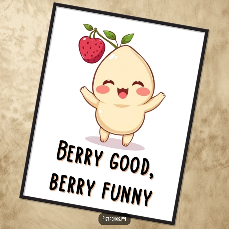 Funny Free Printable Wall Art: A delighted Cashew character perfectly balancing a single berry on its head.