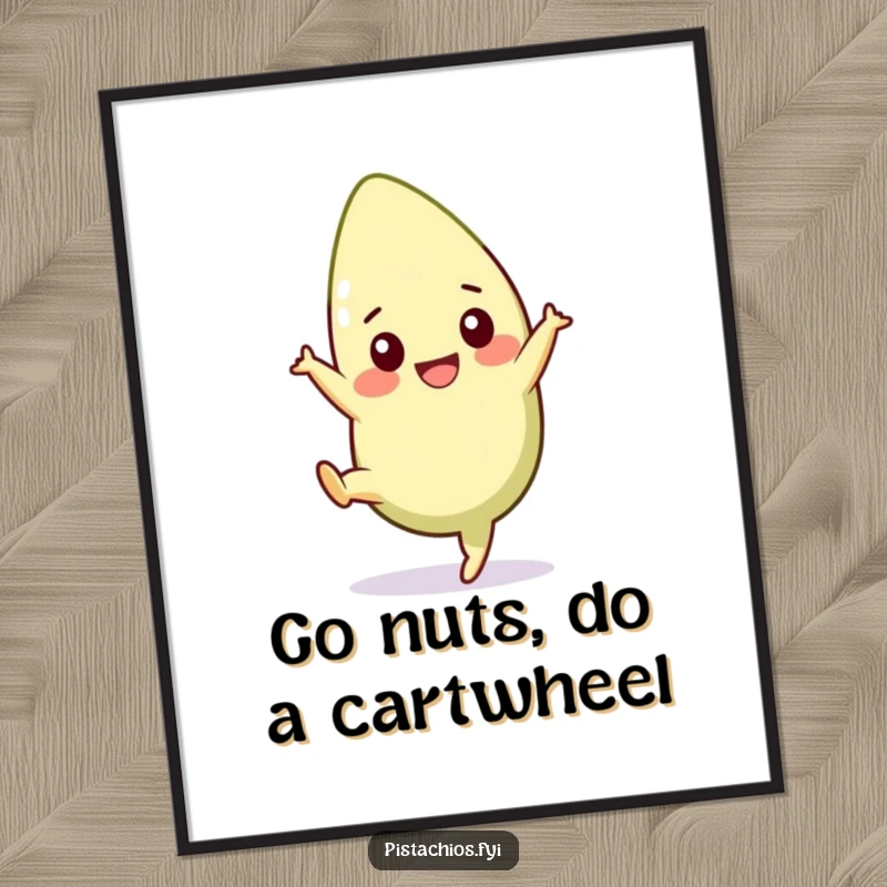 Funny Free Printable Pistachio Wall Art showcasing a cheerful pistachio character in the midst of a cartwheel, adding lively decor.