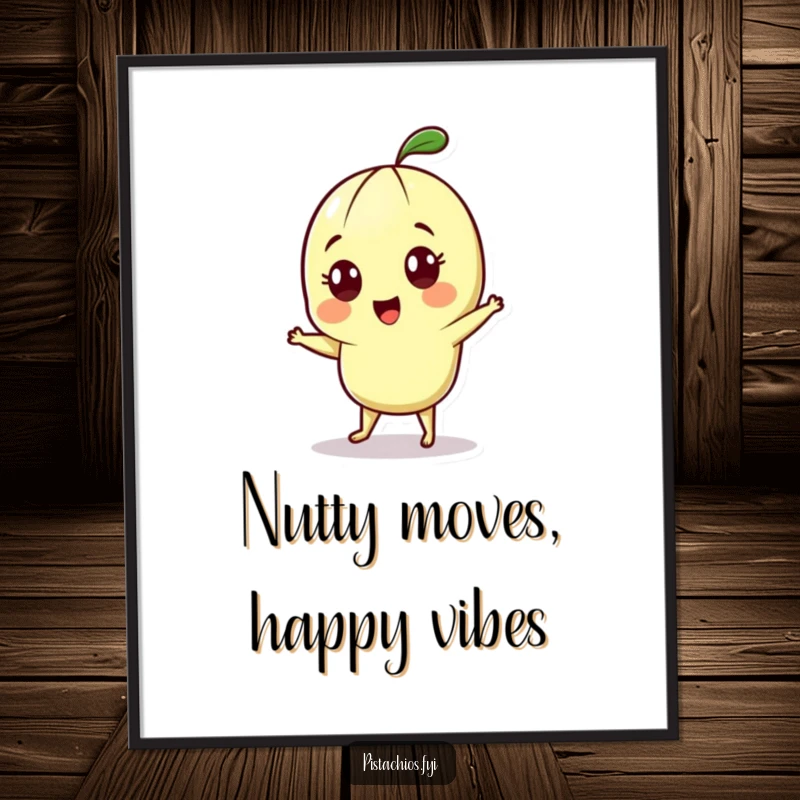 Funny Free Printable wall art: A cheerful pistachio character with wide eyes does a lively little dance, bringing fun to the room.