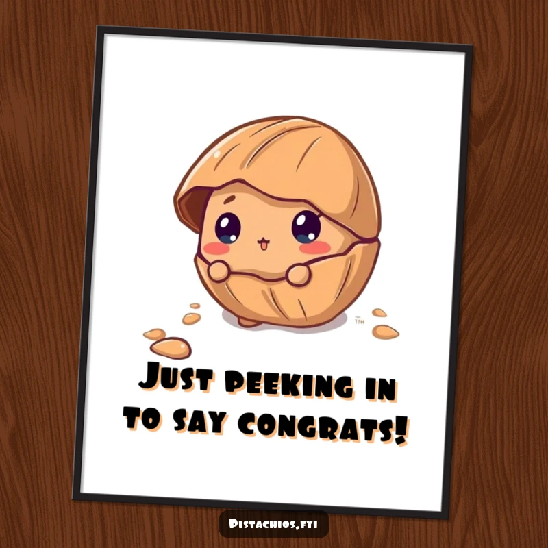 Funny Free Printable Wall Art: A curious pecan character peeking out from its cracked shell, observing the world with intrigue.