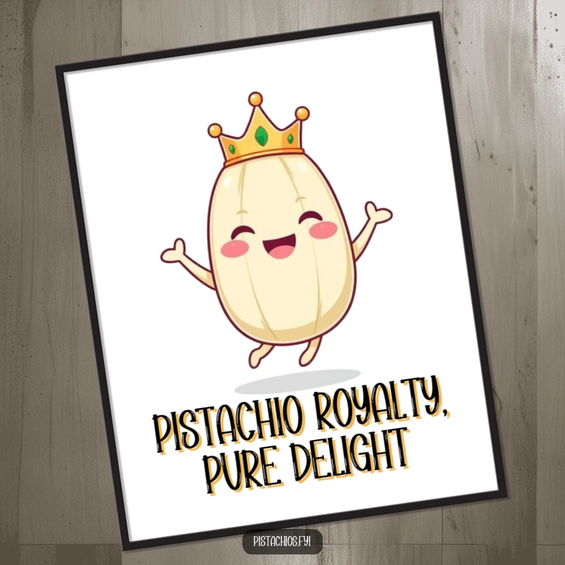 Funny Free Printable wall art: A happy pistachio character wearing a tiny crown hops joyfully, bringing quirky cheer to any room.