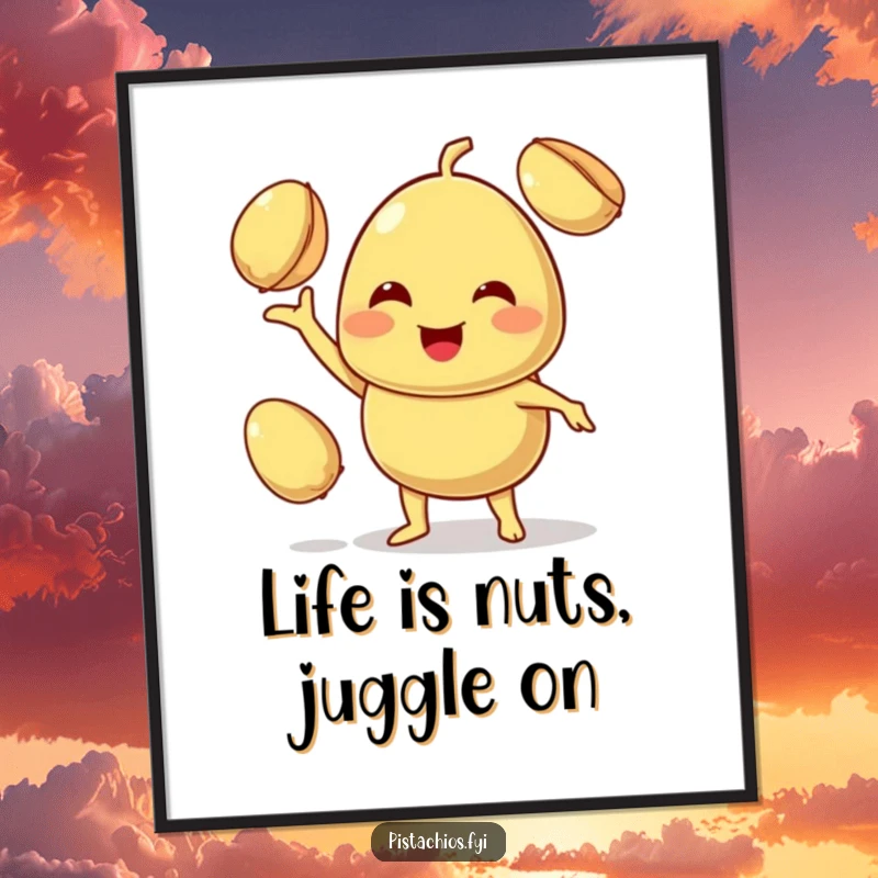 Funny Free Printable wall art: A smiling pistachio character juggles two other pistachios, creating a whimsical and engaging display.