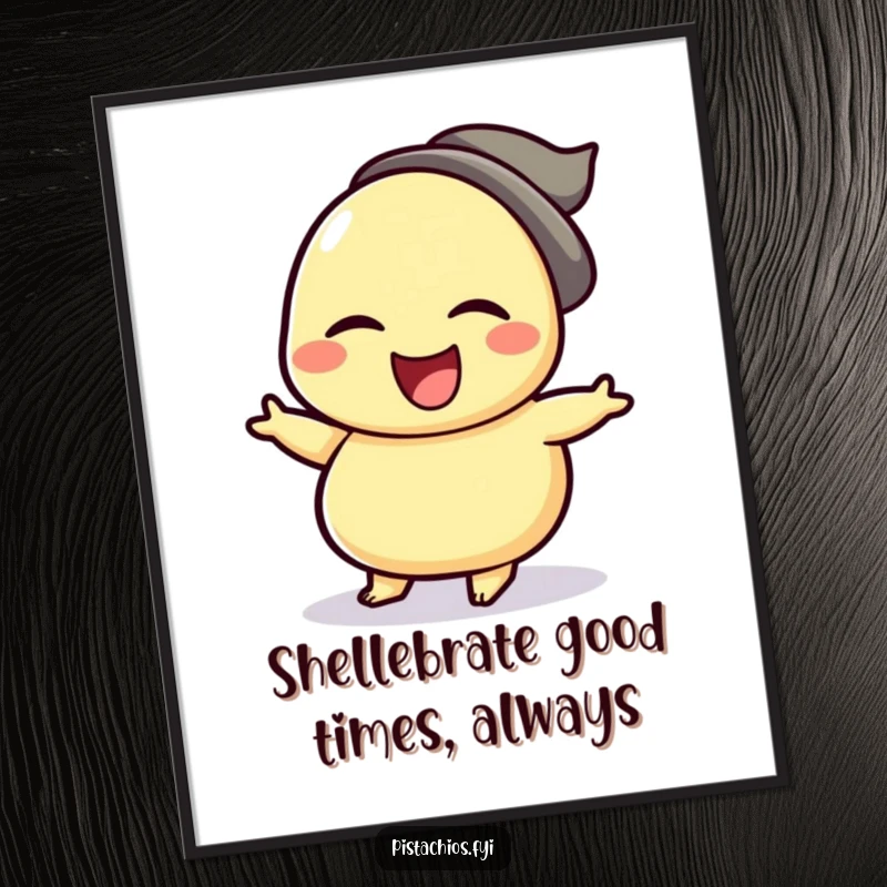 Funny Free Printable Wall Art: Winking cashew nut character doing a celebratory jig. Humorous downloadable decor for a playful atmosphere.