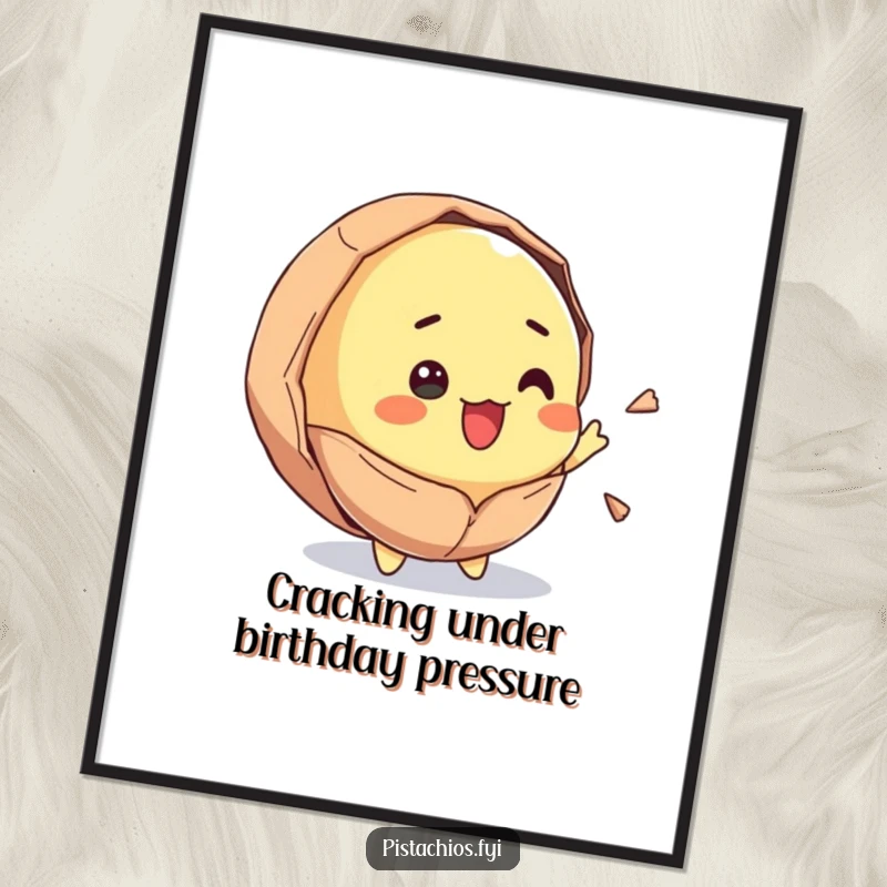 Funny Free Printable Wall Art: A pistachio character exuberantly cracking open with surprise and joy.