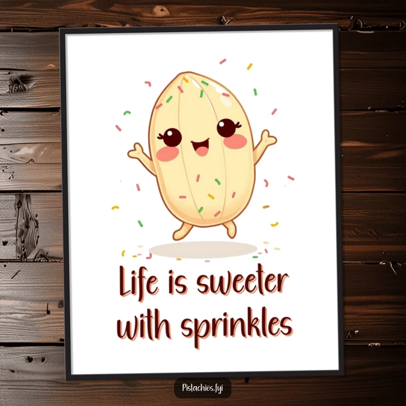Funny Free Printable Wall Art: A delighted pistachio character dances ecstatically with tiny, colorful sprinkles, cheerful decor.