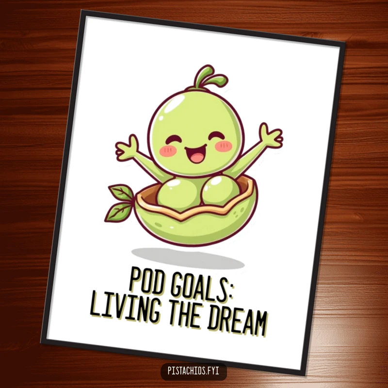Funny Free Printable Wall Art depicting a cheerful pea character joyfully bouncing inside its pod-like capsule, adding whimsical decor.