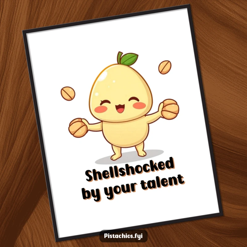 Funny Free Printable Wall Art: A pistachio character skillfully juggling its own shells with a cheerful expression.