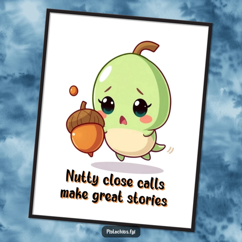 Funny Free Printable Wall Art: A surprised pistachio character comically dodges a falling acorn, perfect humorous downloadable decor.